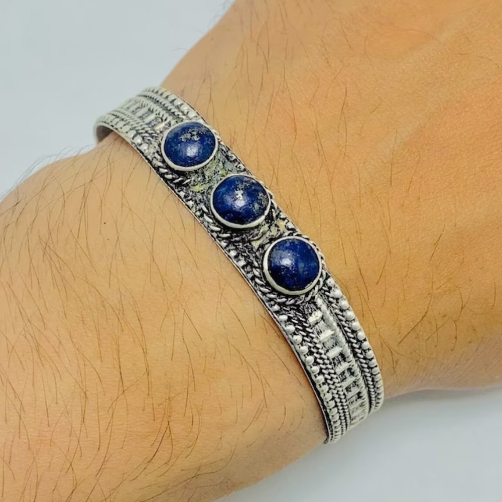 Single Handmade Lapis Lazuli Cuff Bracelet: Tibetan Boho Tribal Jewelry